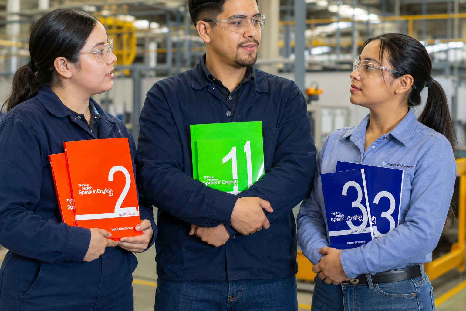 Three people in safety glasses holding colorful English guide books in an industrial setting.
