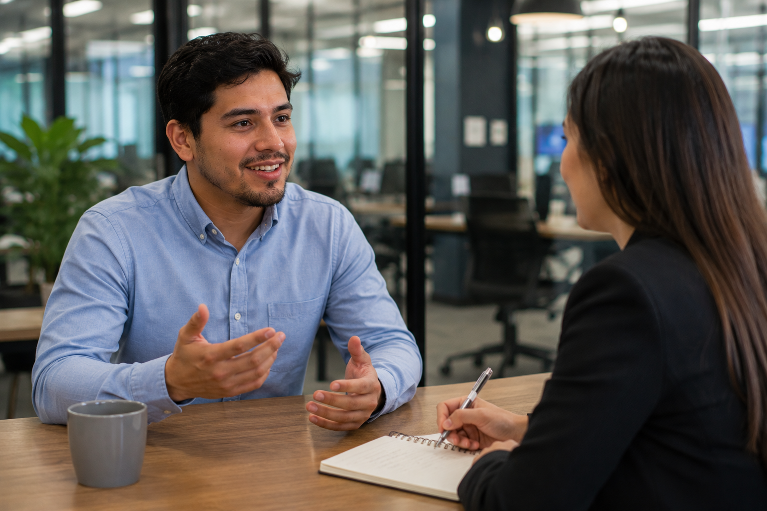 Man in blue shirt talks while woman in black writes in notebook during office meeting.